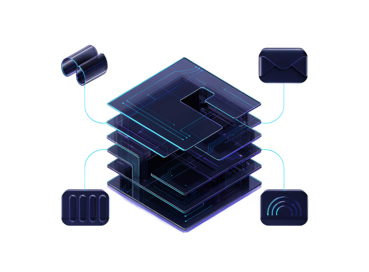 Layered automation infrastructure connected to four business process modules